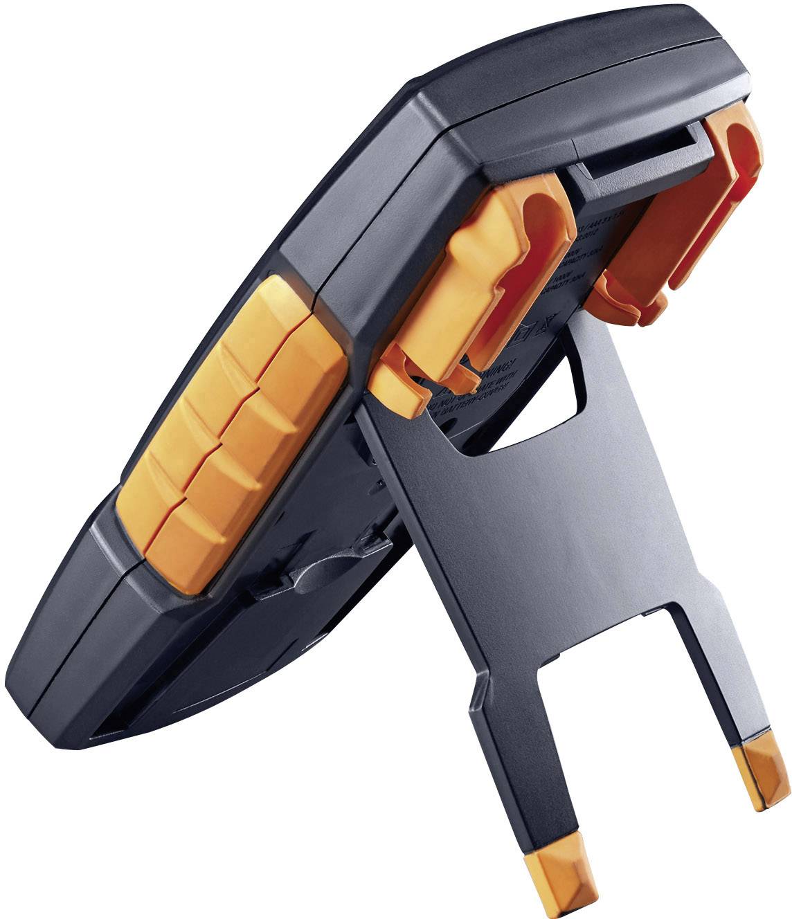 Black digital measuring device stand with orange accents. Foldable support for stable positioning on surfaces.