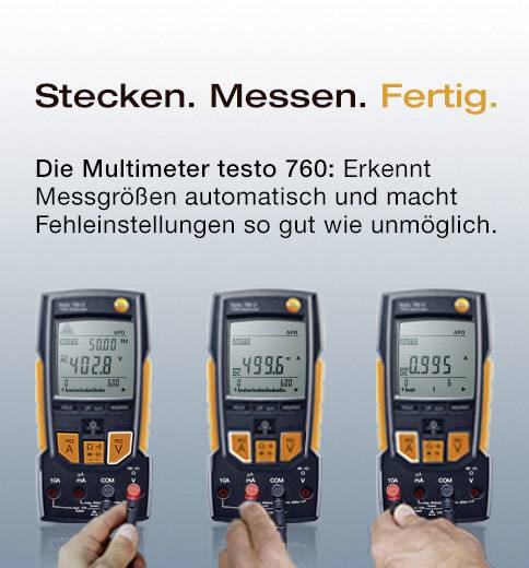 Three digital multimeters with changing displays, under the slogan 'Plug in. Measure. Done.' and product description.