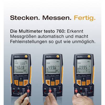 Three digital multimeters with changing displays, under the slogan 'Plug in. Measure. Done.' and product description.