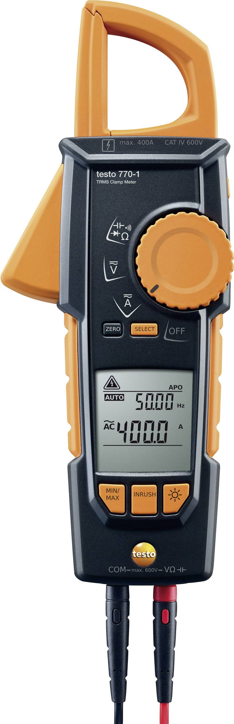 A digital multimeter with clamp function for measuring voltage, current, and resistance. Display shows '5000 A' and '4000 AC'.