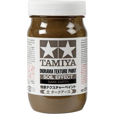 A brown-beige glass container with a label displaying 'Tamiya Diorama Texture Paint Soil Effect Dark Earth' with Japanese characters.