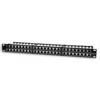 Patch panel with multiple Ethernet ports, suitable for organising and connecting network cabling in a server room.