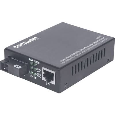 A black Ethernet media converter with brand logo and ports for fibre optic and UTP connections. Suitable for network data transmission.