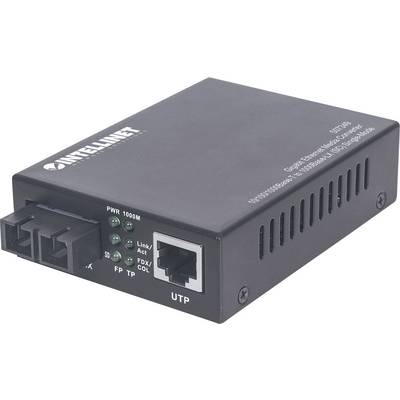 A black network media converter with power and link LED indicators, two fibre optic connections and an Ethernet port.