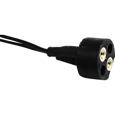A black, three-pin electrical plug with two gold-coloured recesses in close-up.