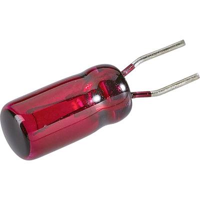 A red radial electrolytic capacitor with two metal terminals shows the component used in electronic circuits.