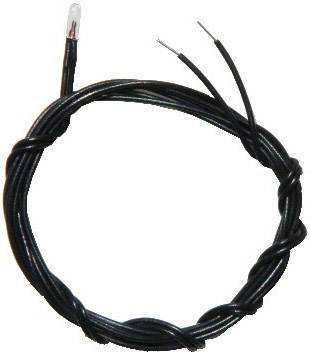 A black cable is coiled in a spiral shape. Two wire ends are visible, and a transparent sensor or LED is attached at the end.