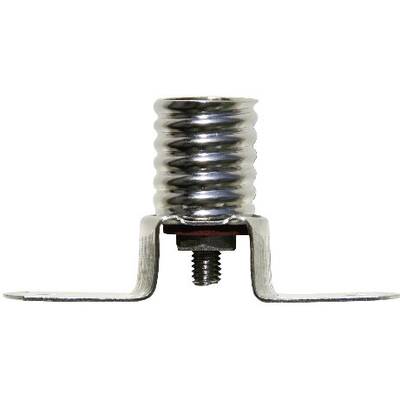Metal spring with a ribbed cylinder, mounted on a metal plate with a threaded screw beneath it.