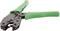 Crimping tool with green handles, shown open, against a white background.