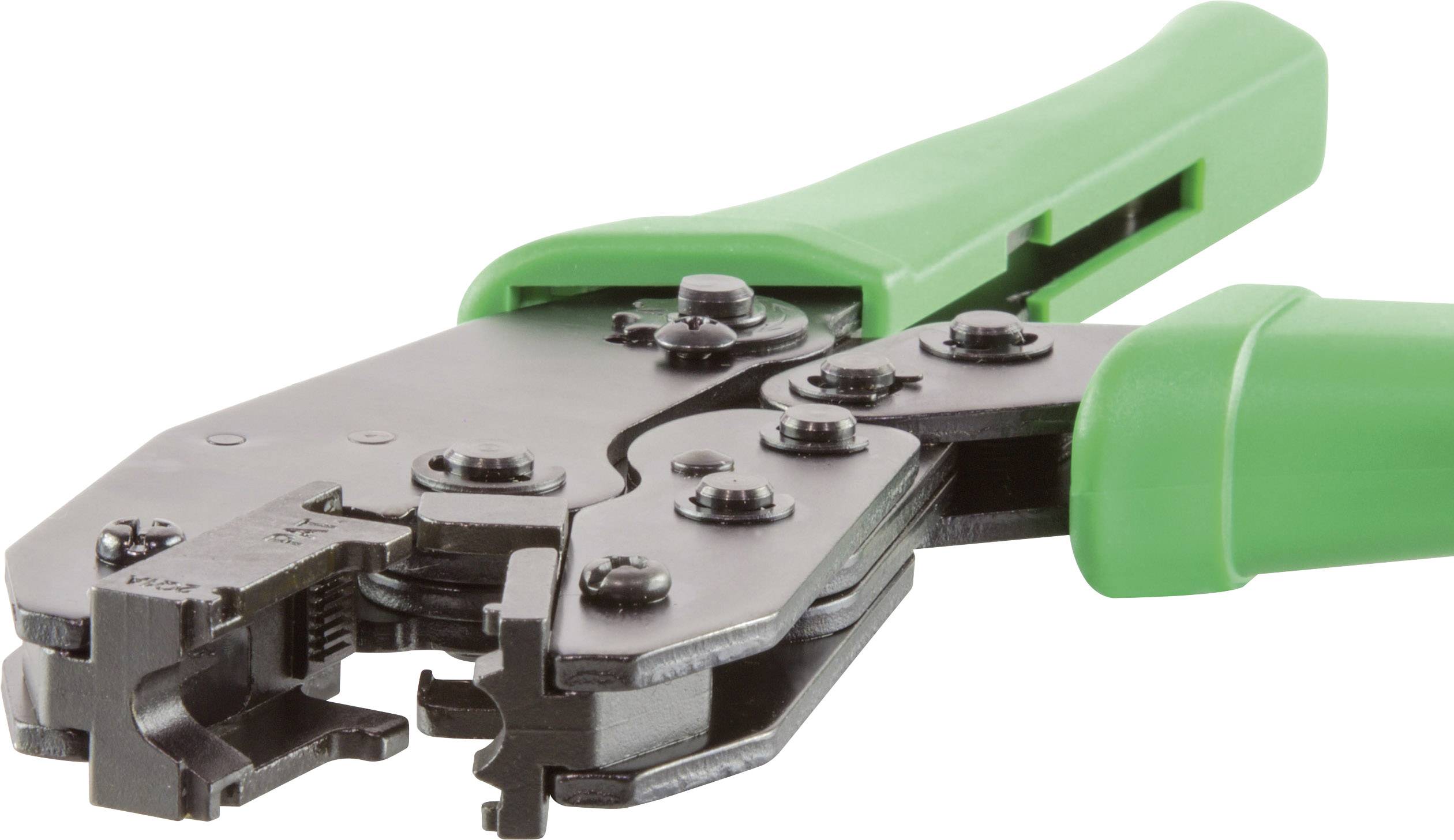 Green metal crimping pliers with a black handle, suitable for connecting electrical cables and connectors.