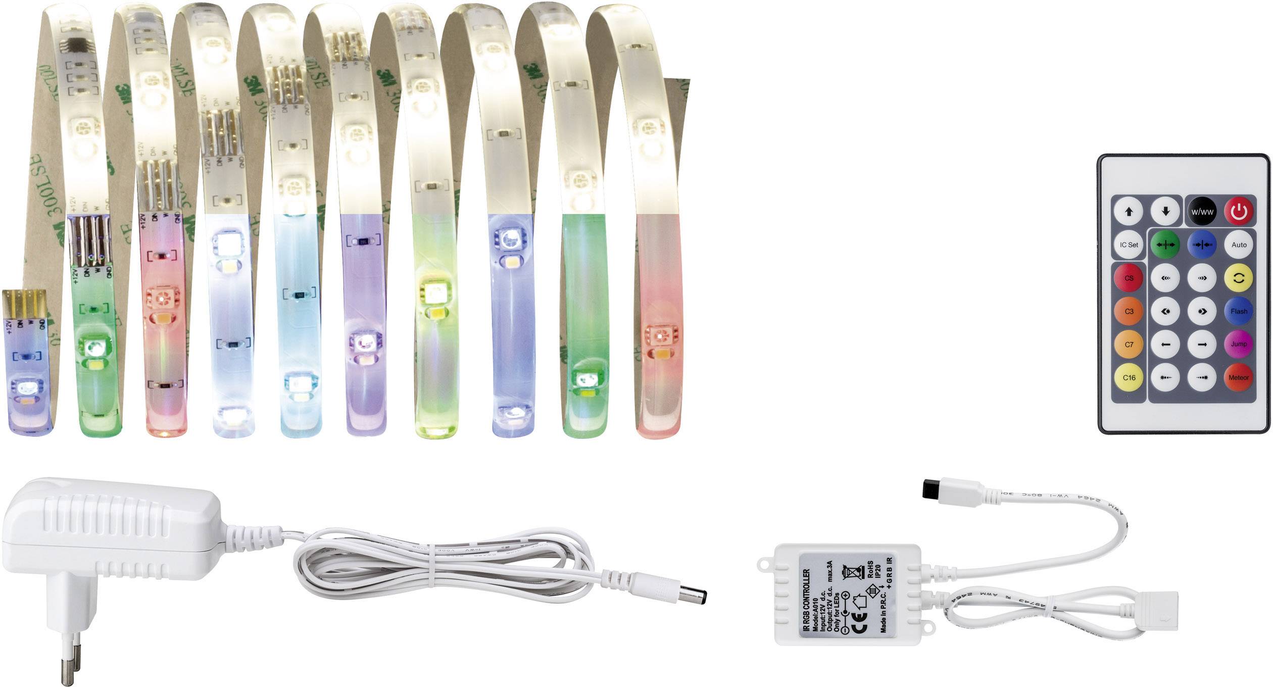 LED light strip in various colours with remote control, adapter and control unit.