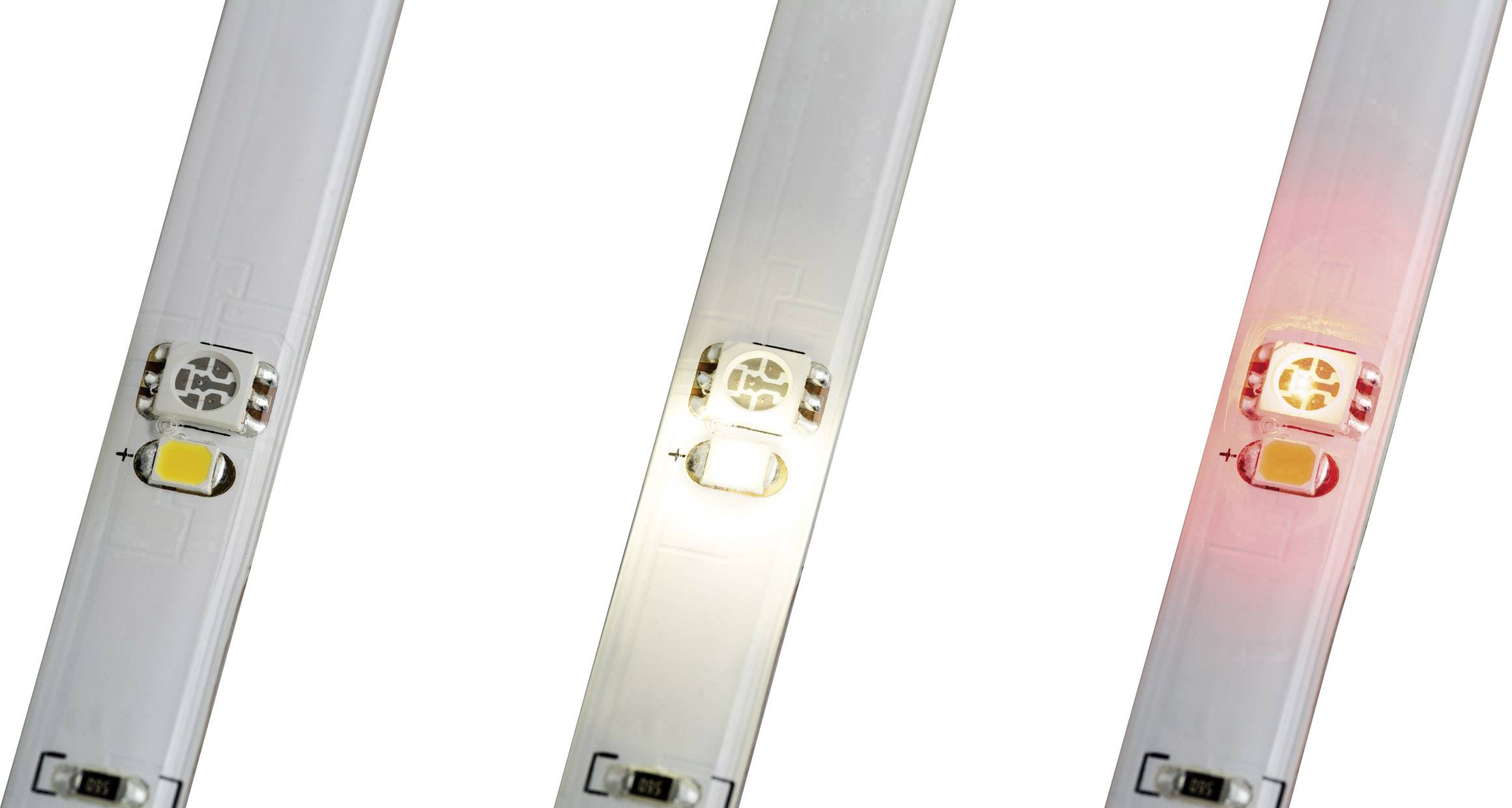 Three LED strips emitting different light colours: warm white, cool white, and red. Ideal for flexible lighting solutions.
