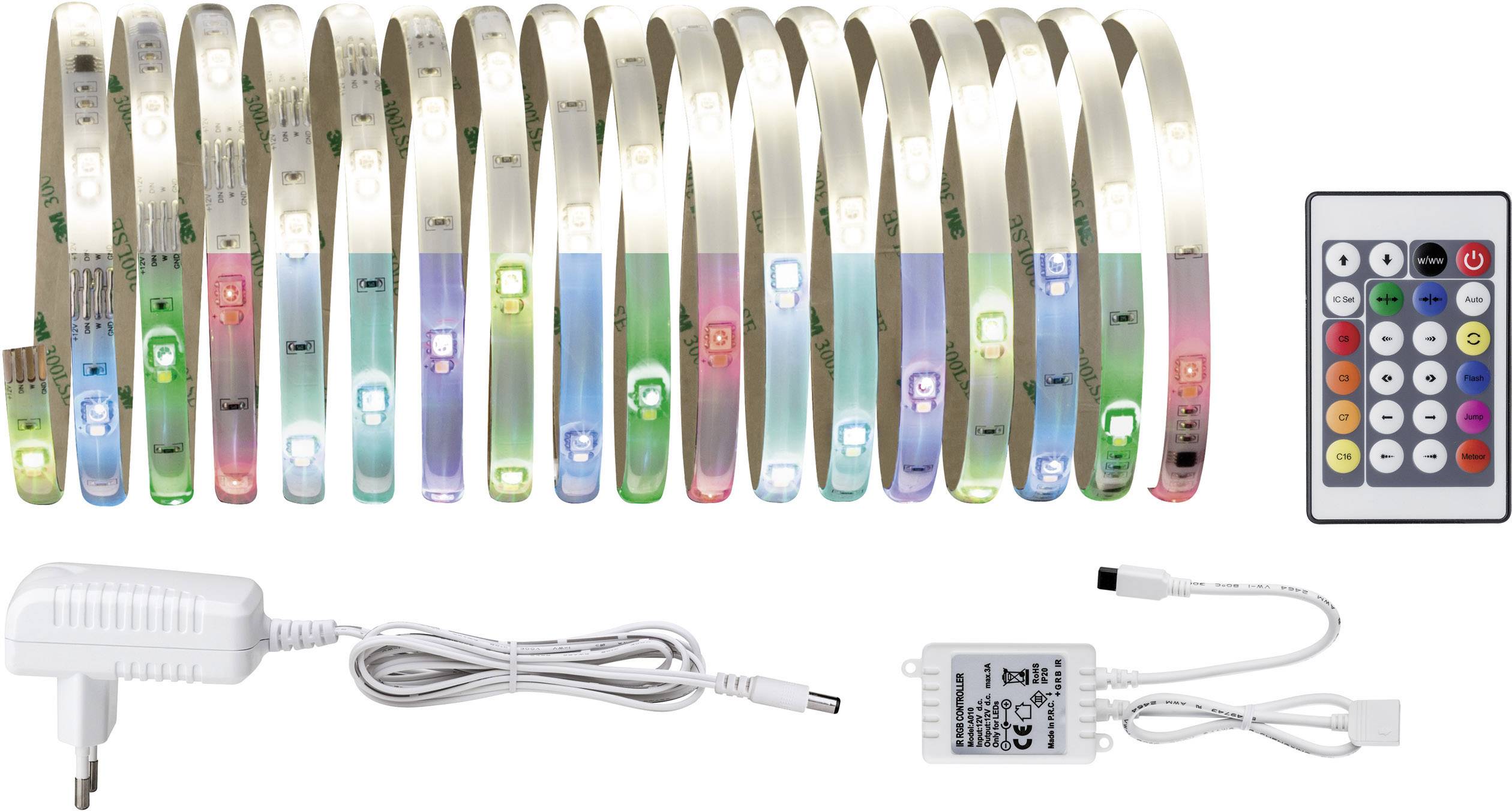 LED light strip with remote control, power supply and adapter. Available in various colours and dimmable. Ideal for decoration.