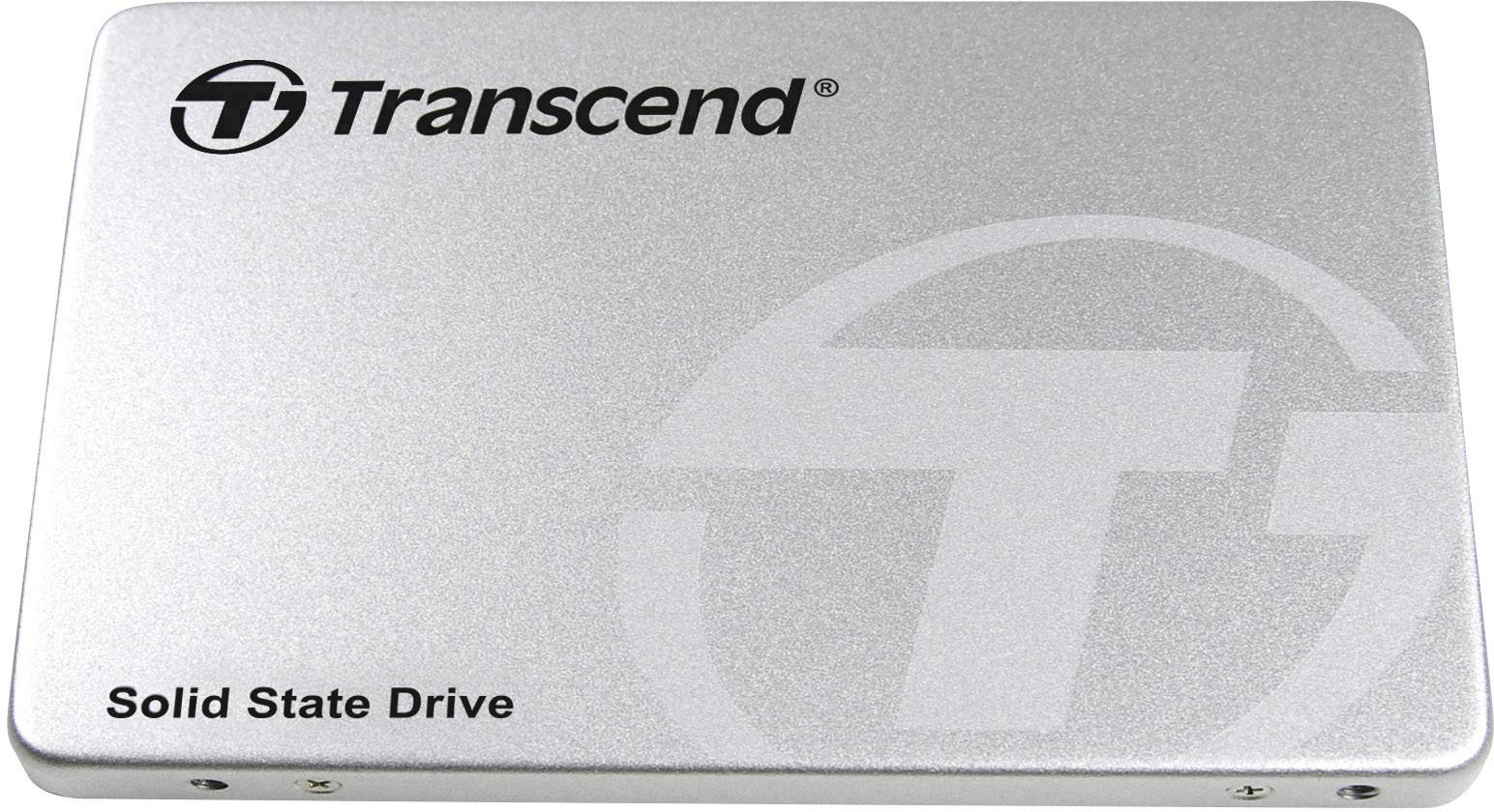 'Silver external hard drive by Transcend with the inscription Solid State Drive.'