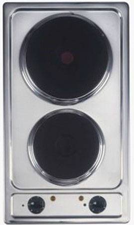 Two black hobs on a silver, rectangular cooker top. Two rotary knobs for temperature control are visible at the bottom.