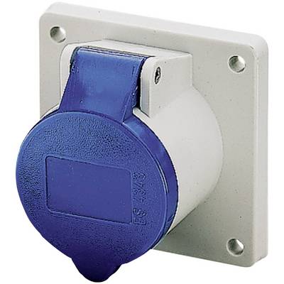 Blue electrical connector with a cover flap on a white wall plate.