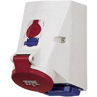 Electrical socket with a red switch and white casing, mounted on the wall.