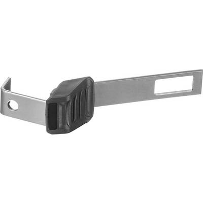 Metal angle bracket with black plastic handle, rectangular cut-out at the front end, suitable for shelf mounting.