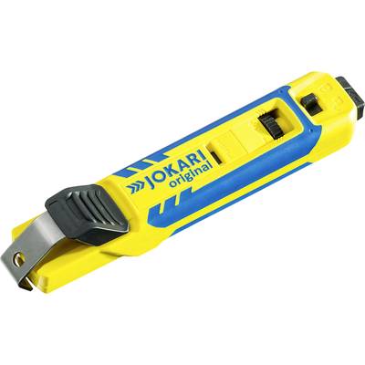 A yellow and blue wire stripping tool with the inscription 'Jokari original', used for removing insulation from cables.