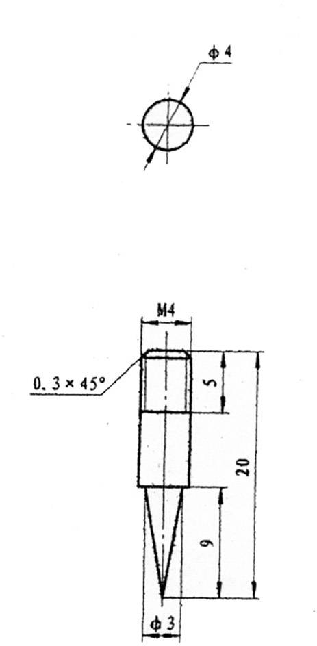 Technical drawing of a bolt with a conical tip. Dimensions: Total length 20 mm, tip 9 mm, diameter at top 4 mm, at bottom 3 mm.