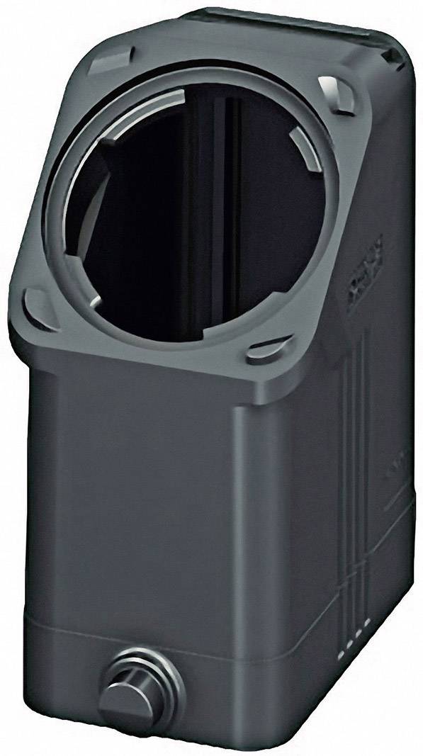 Black plastic coupling with a cylindrical opening and screw cap at the bottom, likely for industrial applications.