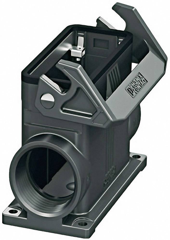 A black, rectangular plastic connector housing with an open front connection and two lever handles on the sides.