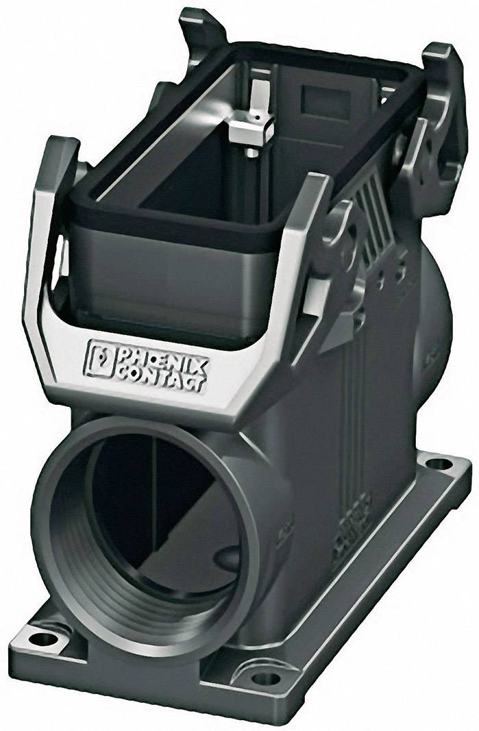 Metal plug connector housing from Phoenix Contact, rectangular, with terminals and screw mounting holes, for industrial applications.