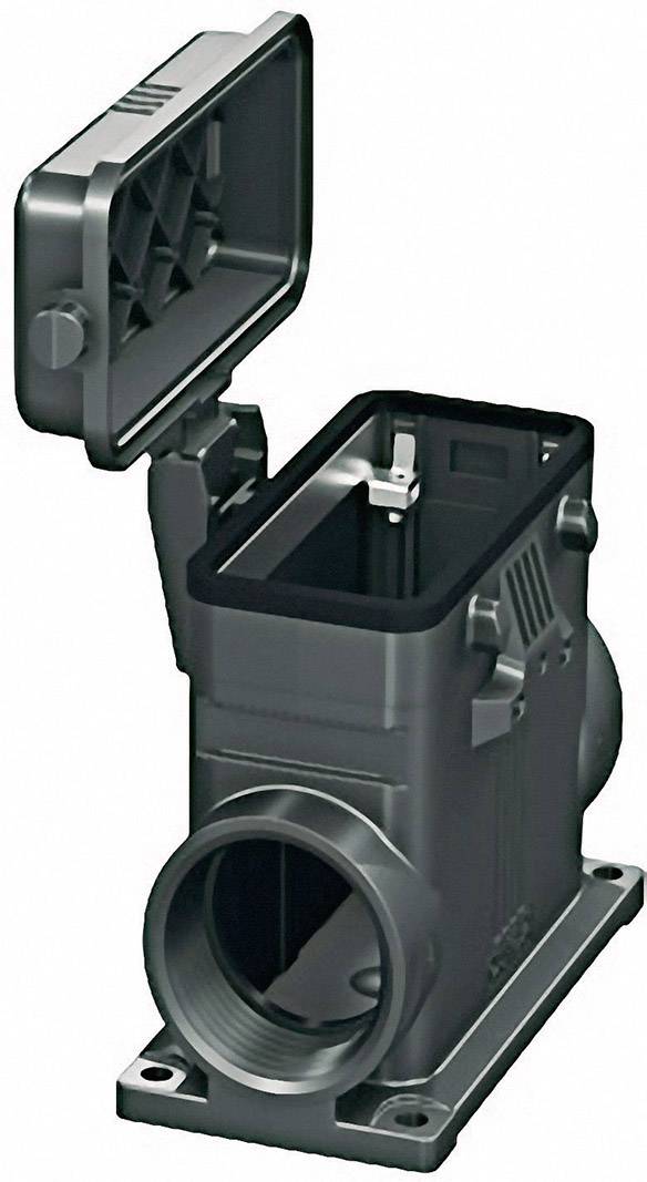 Black plastic box with an open lid and side connection, presumably part of an electrical or technical installation.