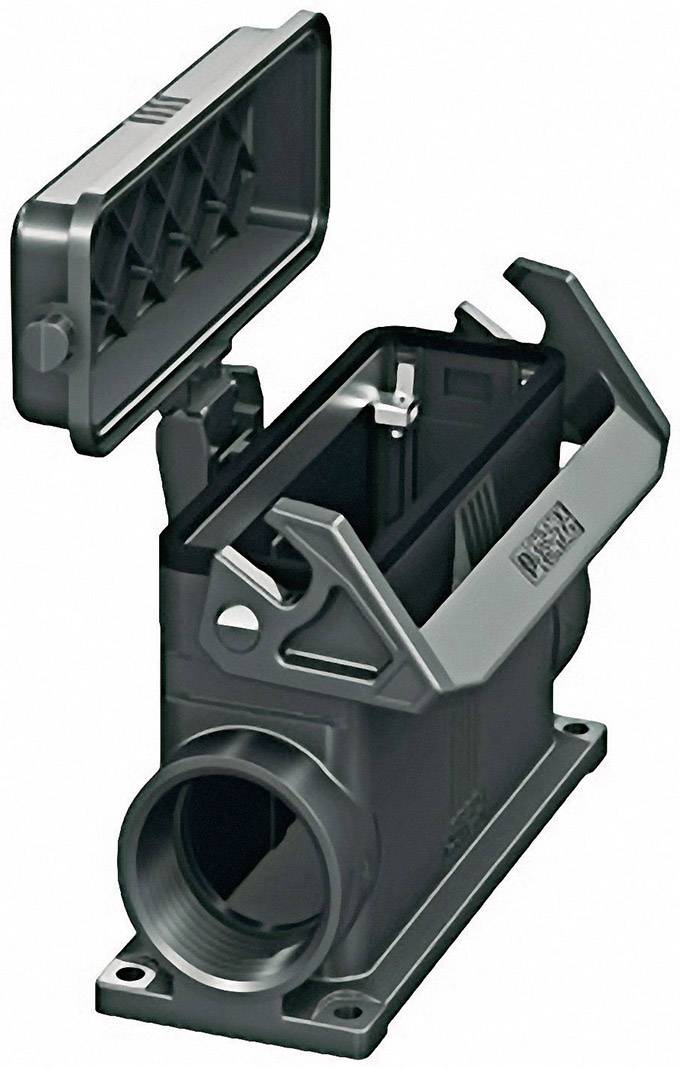 Black plastic electrical enclosure with an open lid and side openings for cable connections.
