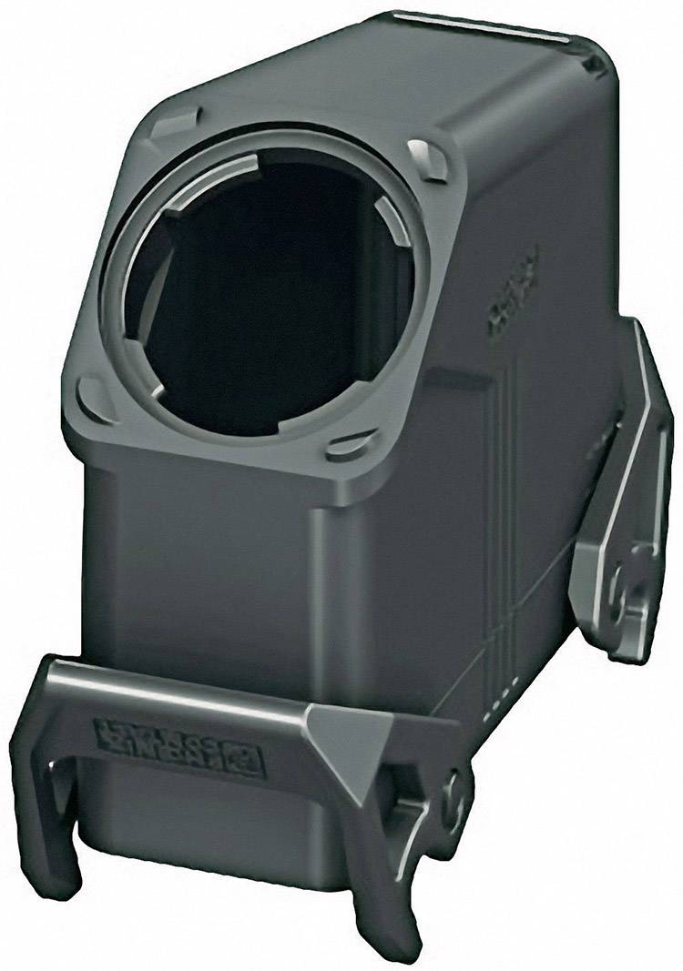 Housing for an industrial connector, rectangular, dark grey, with side mounting clips, robust design.