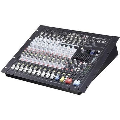 Audio mixing console with multiple faders, rotary controls, and connections, displayed as a technical device for audio control and mixing.