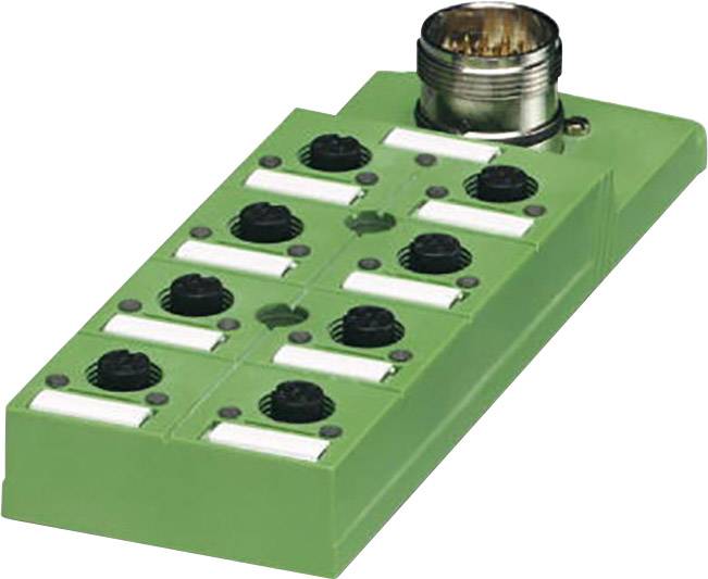 Green electronic device with multiple black slots and a larger metal plug on top, likely a distributor or adapter.