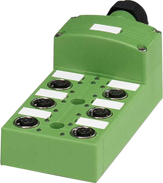 A rectangular green connector with black terminals and white labelling fields, used for electronic connections.