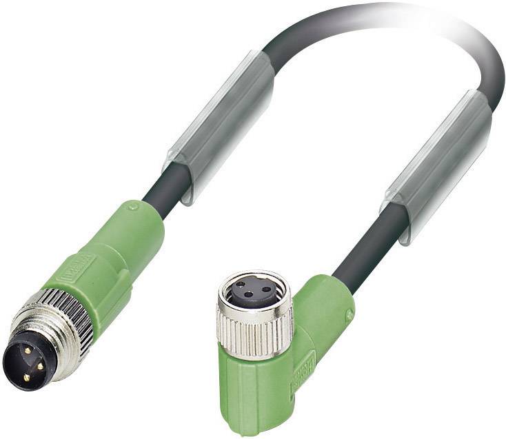 A green M12 connection cable with angled connectors. It is used for data transmission in industrial applications.
