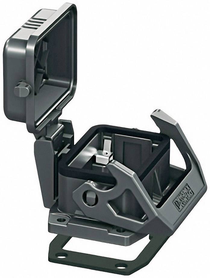 An open, square plastic enclosure with a lid and attached screws, likely for mounting electronic components.