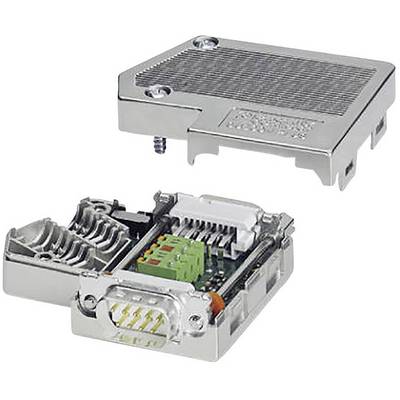 An open and a closed metal plug with electronic components and a green plug module, used for industrial applications.