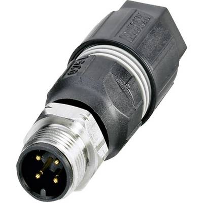 Black and silver electrical connector with four pins, commonly used in industrial applications.