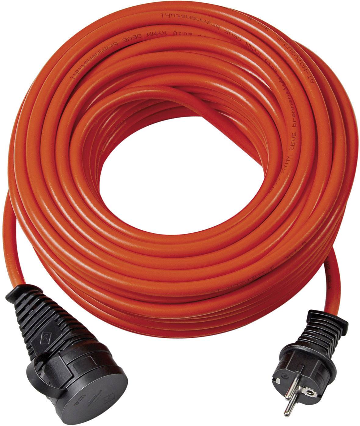 A long, coiled extension lead in bright orange with a plug and socket at each end.