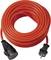 A long, coiled extension lead in bright orange with a plug and socket at each end.