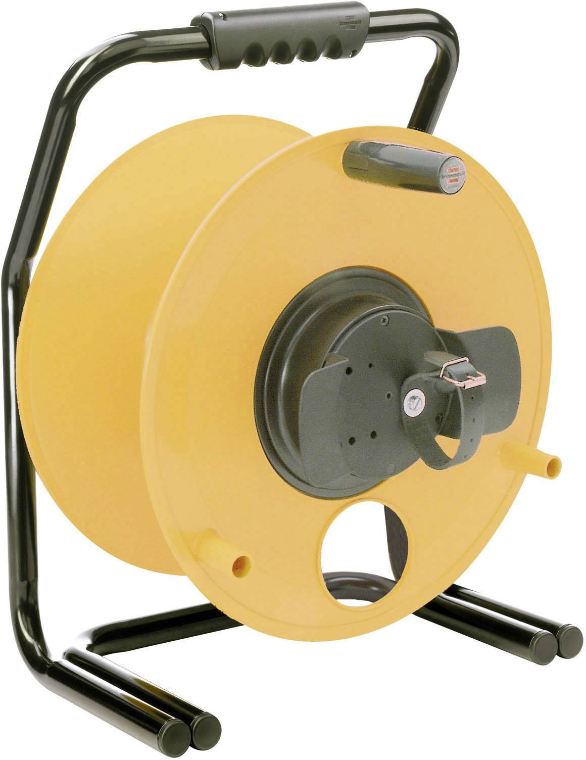 A vacant yellow cable drum stand with a black handle and support legs, set against a white background.
