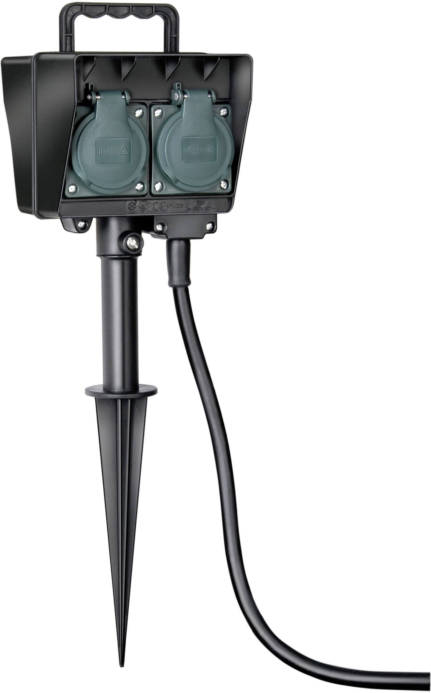 Garden power column with two exterior sockets on ground spike. Suitable for electricity supply in the garden. Black housing, green protective cover.