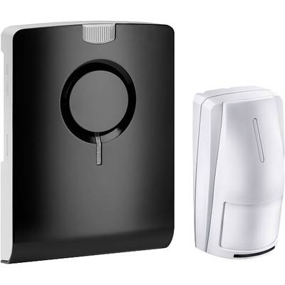 Black receiver and white motion sensor for alarm system. The receiver has a round button, the sensor a narrow lens.
