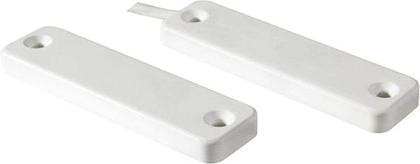 Two white plastic magnetic contacts which are installed in door or window frames to monitor opening states.