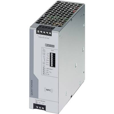 A switch-mode power supply from Phoenix Contact with NFC and multiple connection terminals. Suitable for an input voltage of AC 100-240 V and an output voltage of DC 24 V.