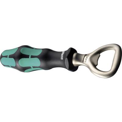 An ergonomically shaped bottle opener with a green and black handle and a metal head.