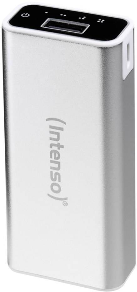 Silver power bank by the brand 'Intenso' with a USB port on top.