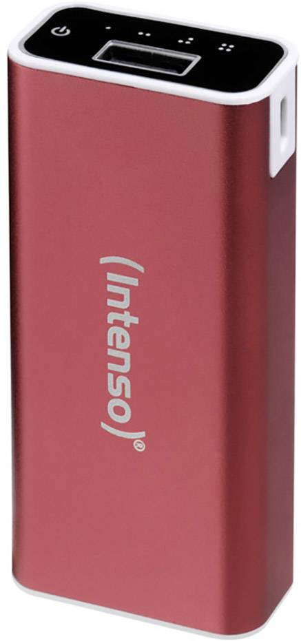 Red portable external battery pack with USB port and power button, brand 'Intenso'. Ideal for charging mobile devices while on the go.