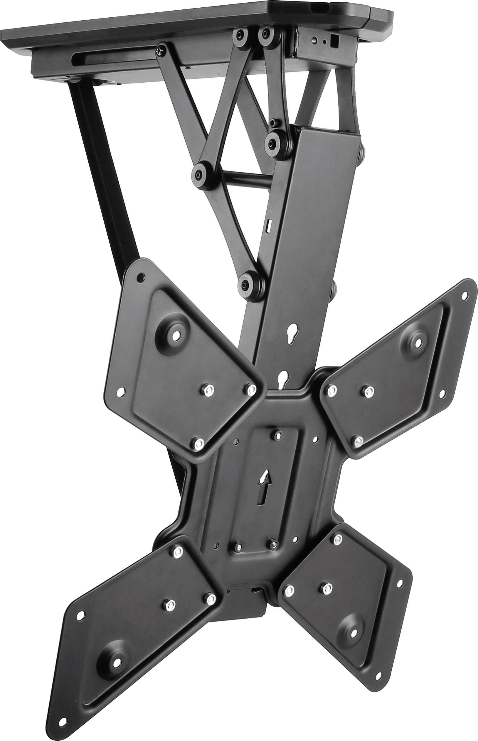 Black, adjustable ceiling mount for flat-screen televisions with multiple mounting points and pivoting arm function.