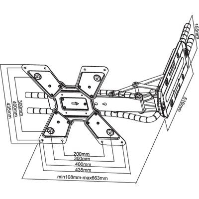 Technical drawing of an adjustable mounting bracket with dimensions: width 100-435 mm, depth 108-663 mm, height 298-475 mm.