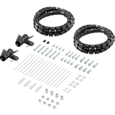 Two black cable sheaths, cable ties, screws, nuts and mounting brackets for cable management.